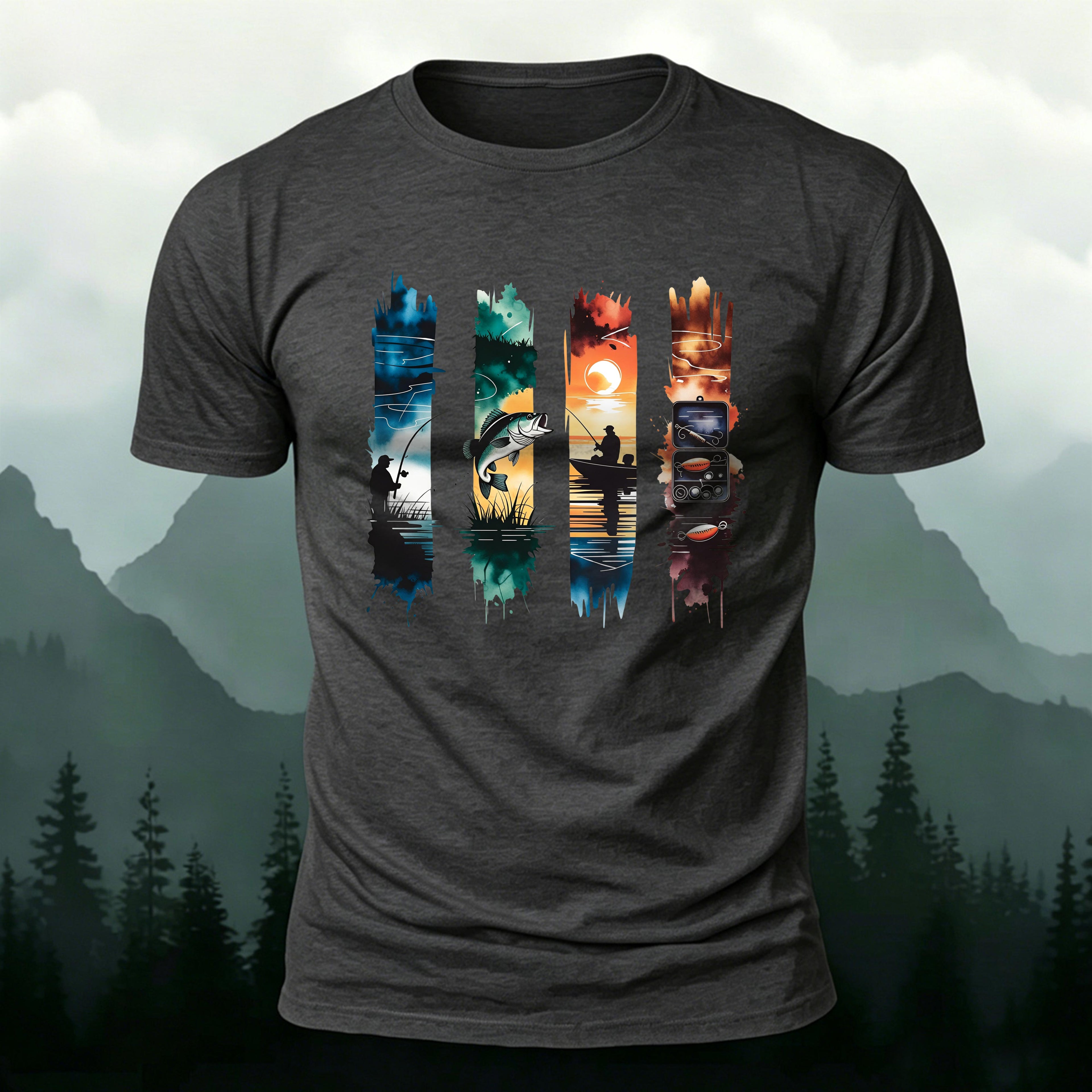 Outdoor Fishing Print Natural Style Skin-Friendly T-Shirt Dark Grey