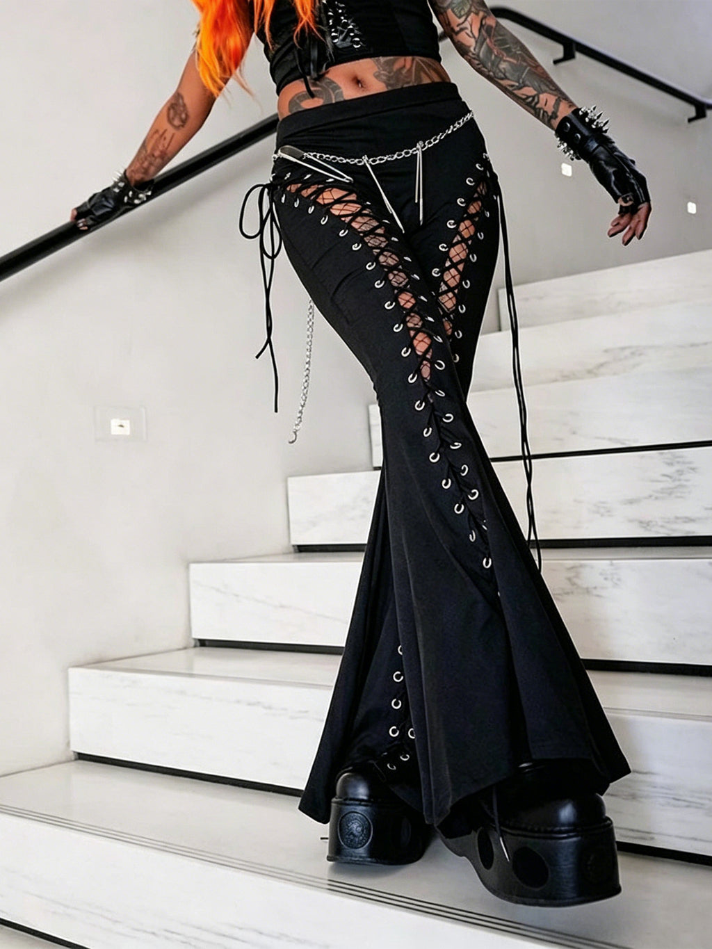 Dark Street Fashion Strap Bell-Bottom Pants
