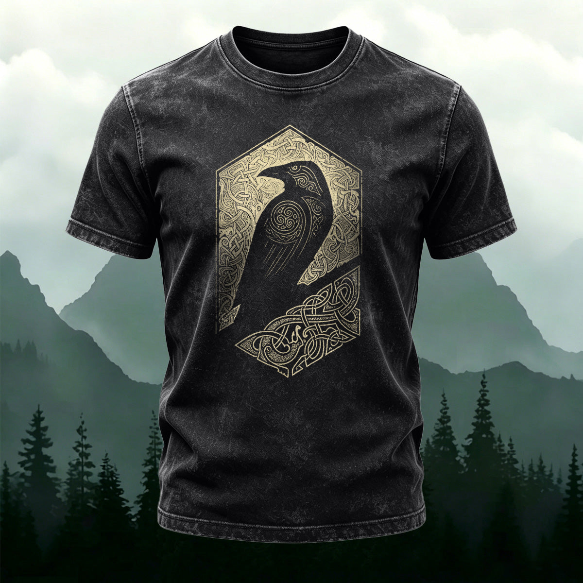 Artistic Bird Print Outdoor Style Washed Cotton T-Shirt