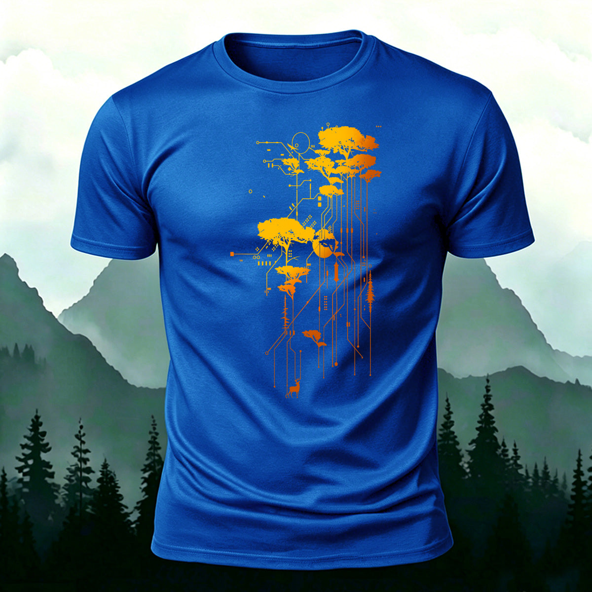 Artistic Trees Pattern Breathable Material Casual T-Shirt Blue
