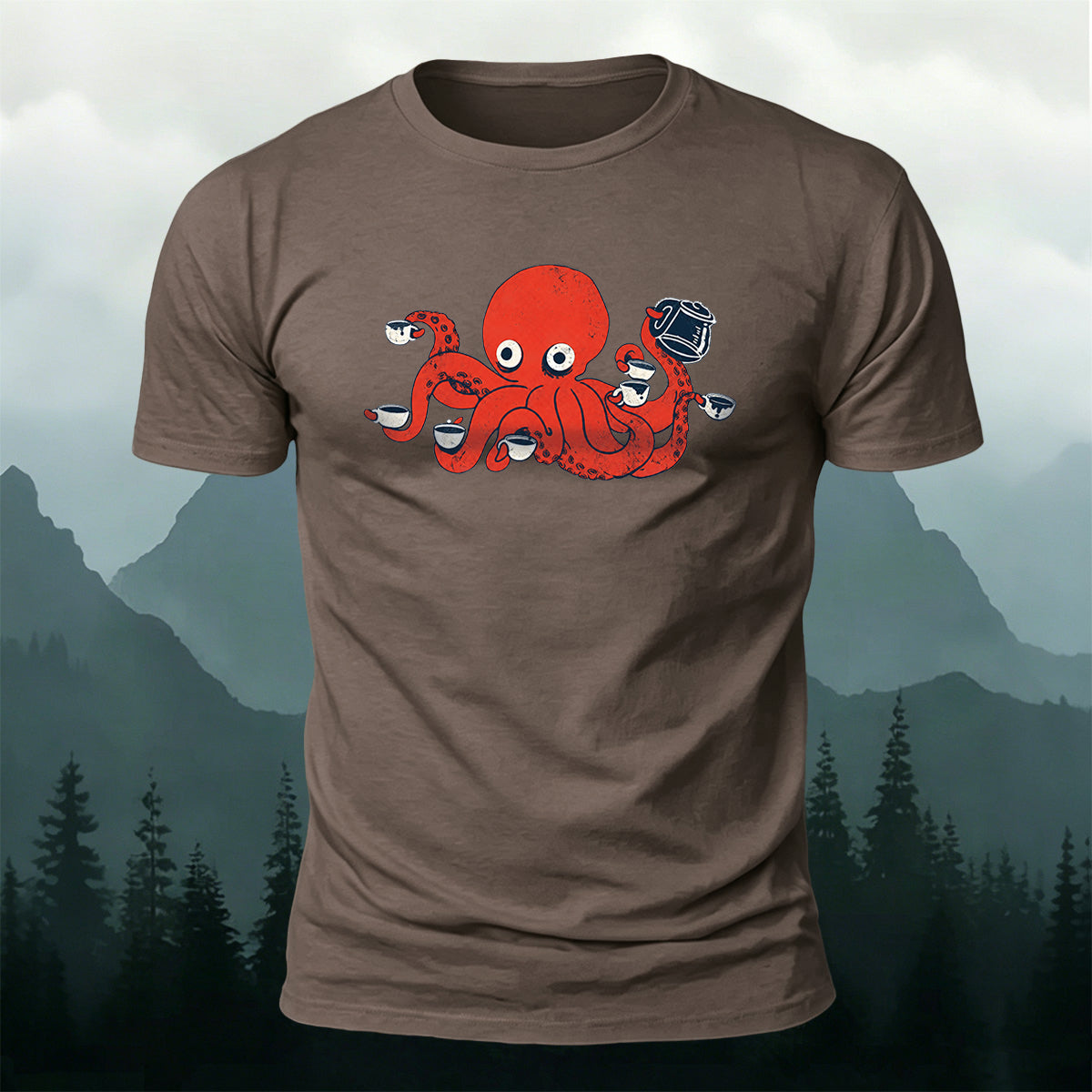 Cartoon Red Octopus Eating Print Comfortable Cotton Tee