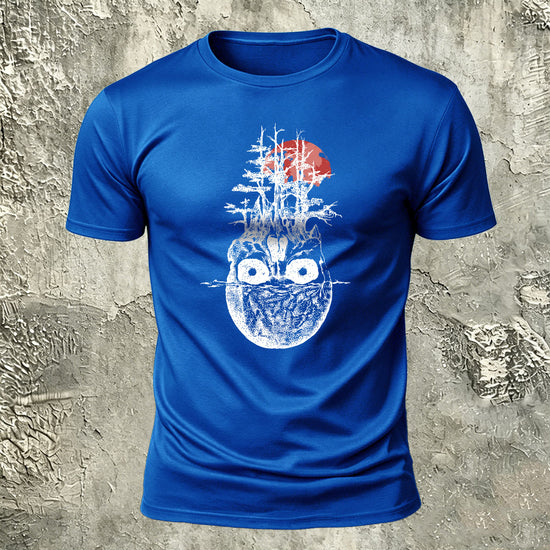 Withered Forest Skull Print Cotton Crew Neck T-Shirt Blue