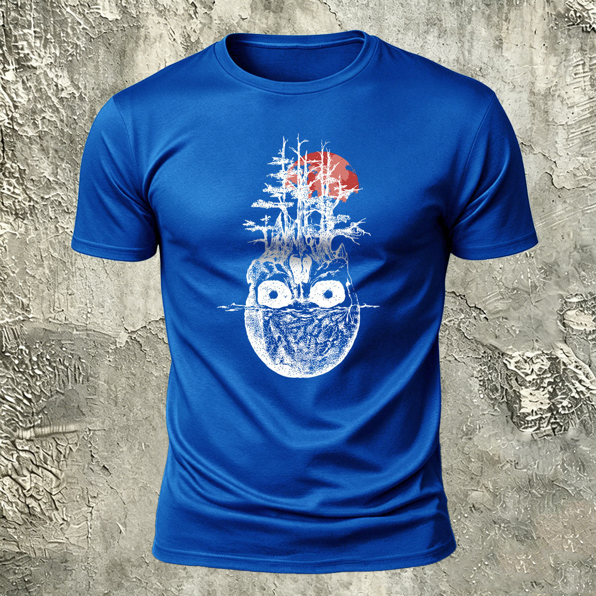 Withered Forest Skull Print Cotton Crew Neck T-Shirt Blue