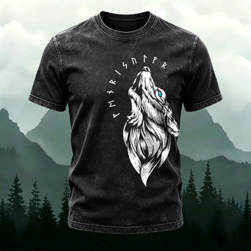Washed Cotton Lone Wolf Totem Print T-Shirt