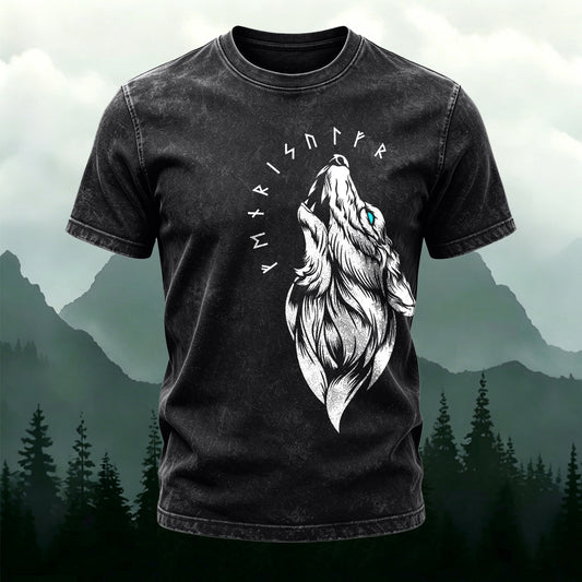 Washed Cotton Lone Wolf Totem Print T-Shirt