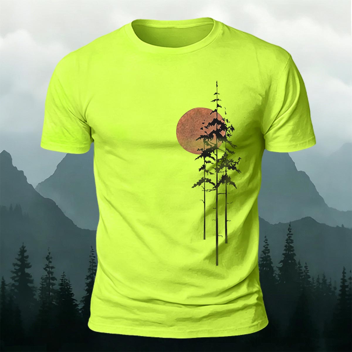 Retro Sunset Pine Tree Print Cotton T-Shirt  NG