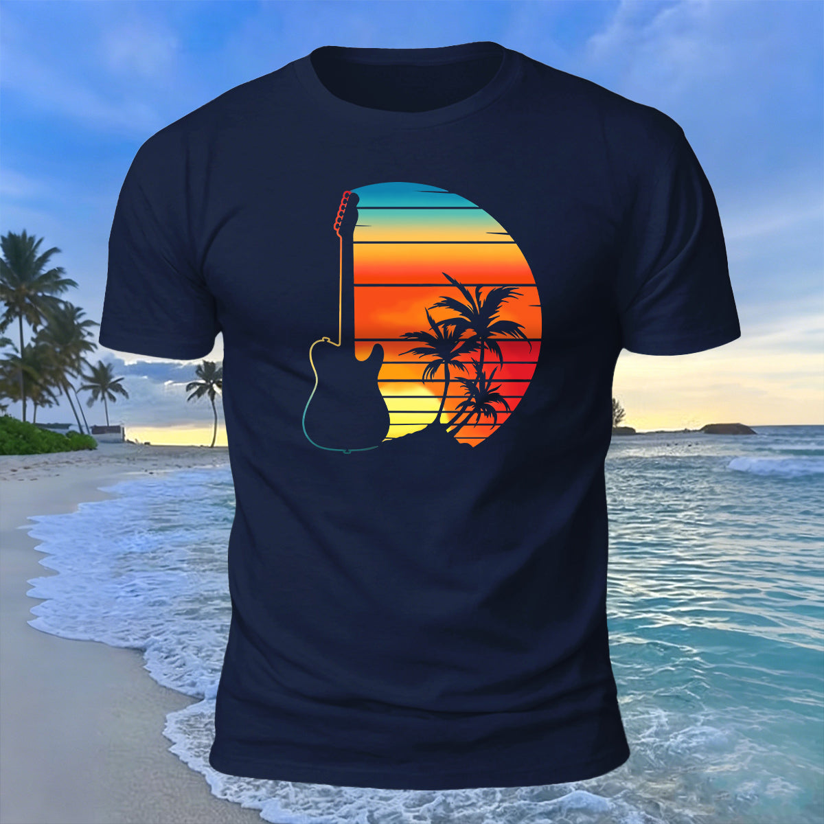 Beach Sunset Openwork Guitar Print Cotton T-Shirt Navy