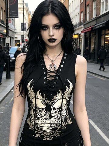 Tie Casual Skull Printed Women Sleeveless Vest