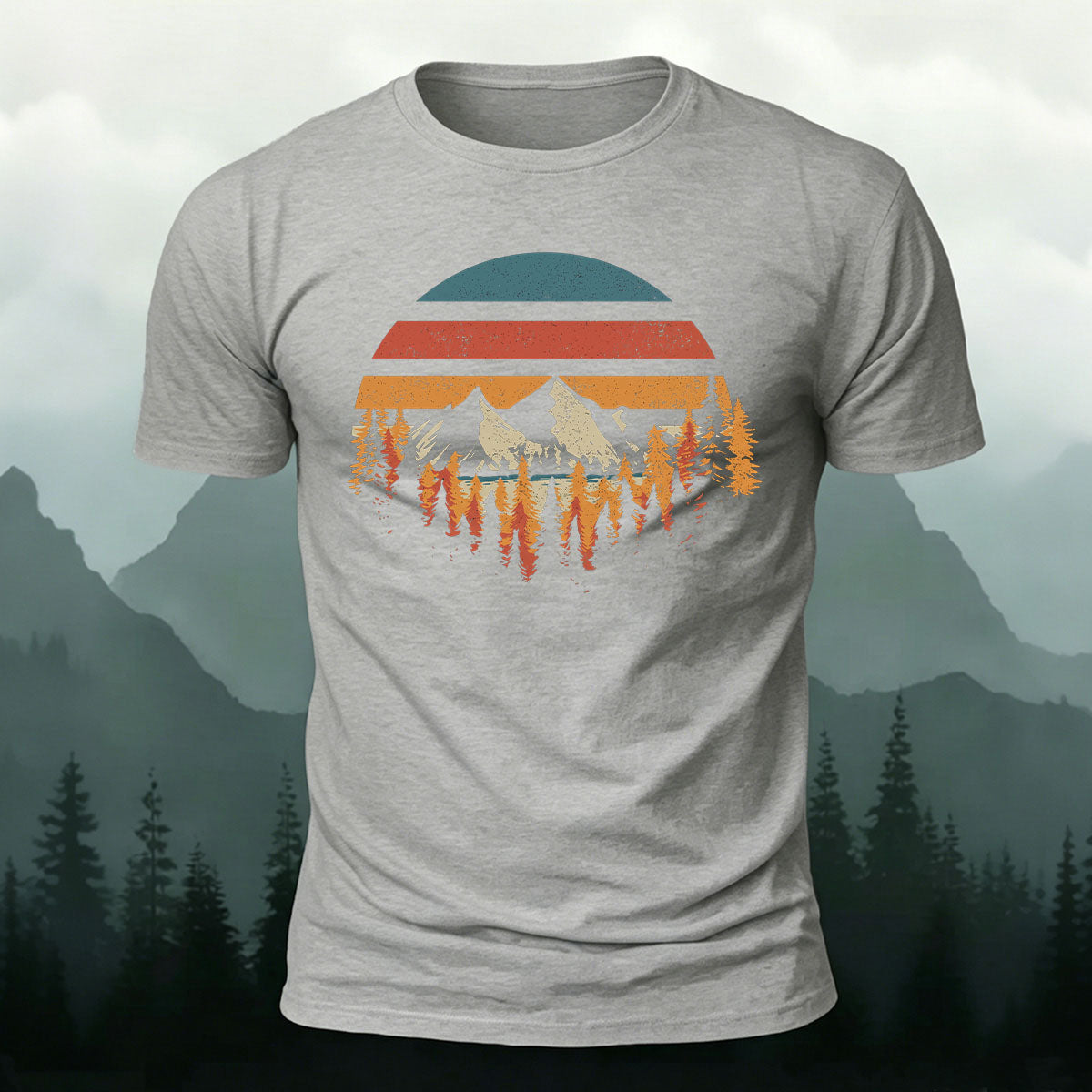 Mountain Landscape Pattern Retro Trend Cotton T-Shirt Grey