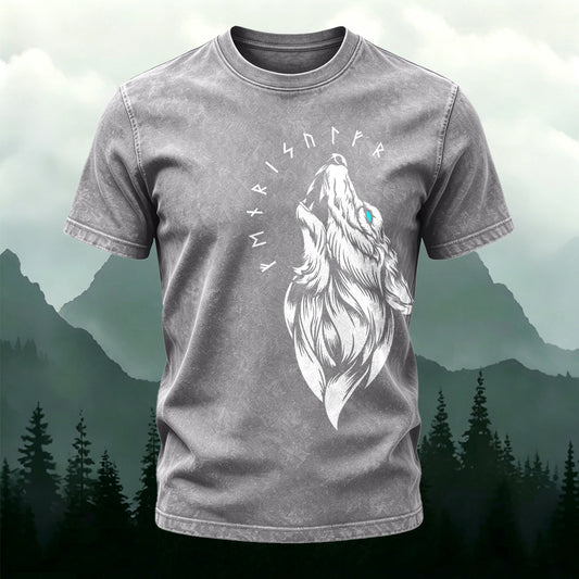 Washed Cotton Lone Wolf Totem Print T-Shirt
