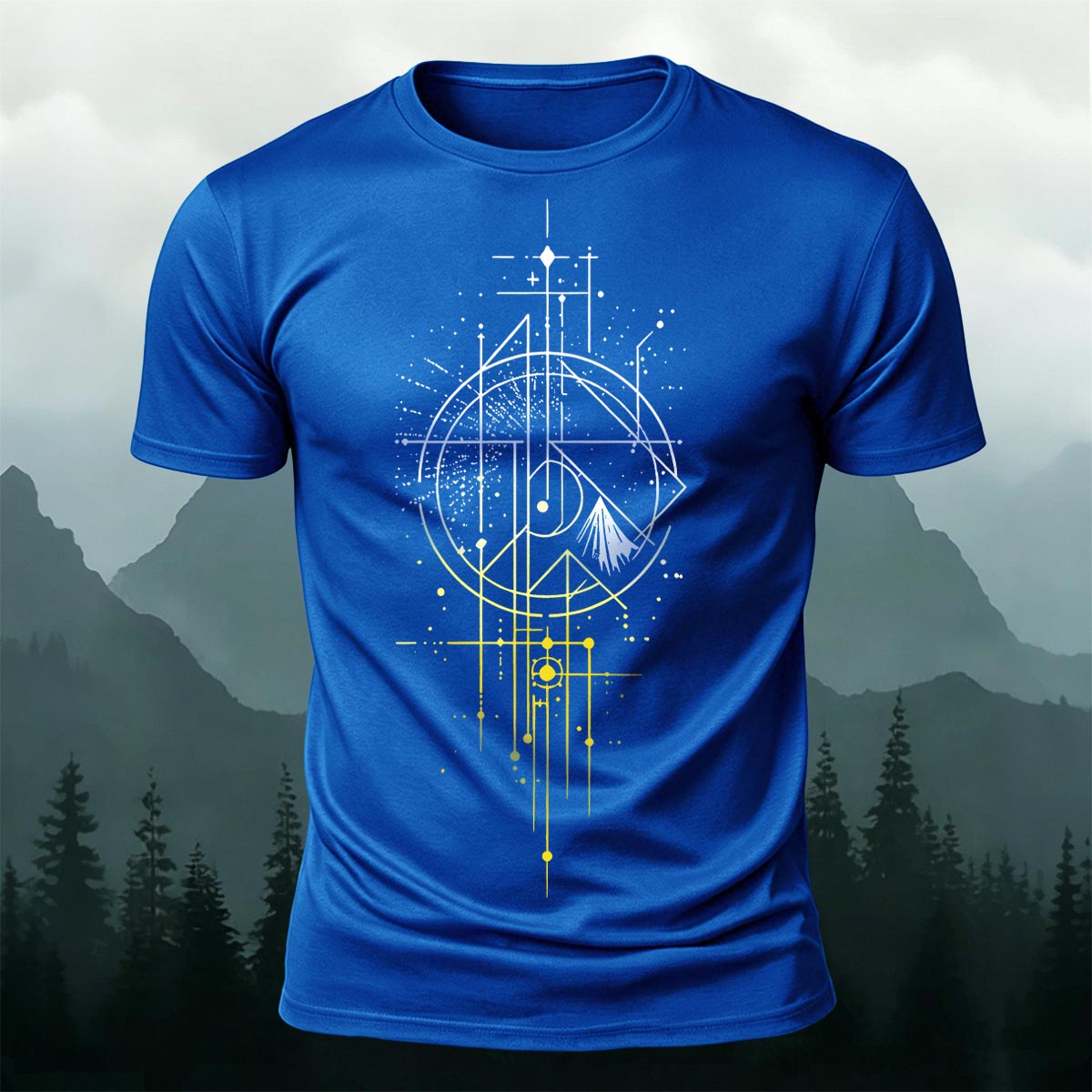 Line Gradient Mountain Print Premium Cotton T-Shirt Blue