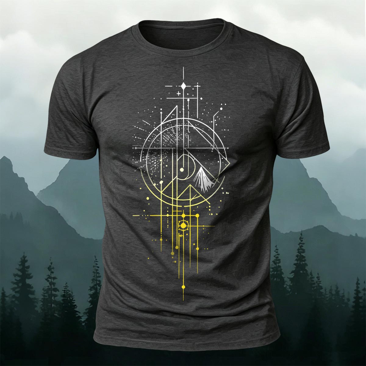 Line Gradient Mountain Print Premium Cotton T-Shirt Dark Grey