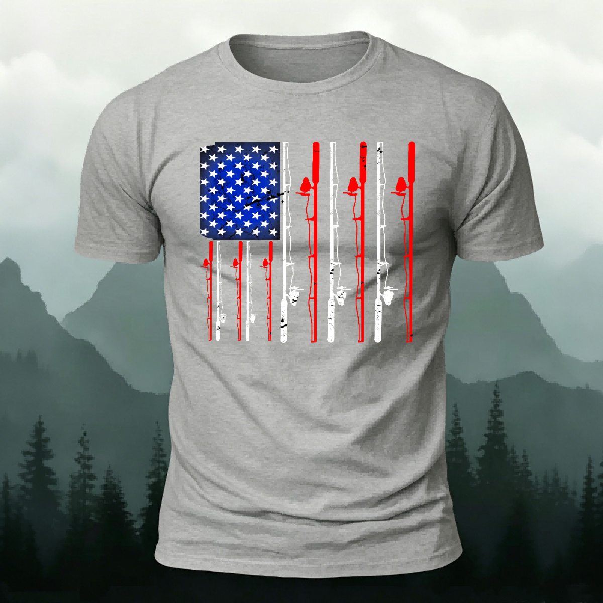 American-style Fishing Rod Pattern Cotton T-shirt Grey