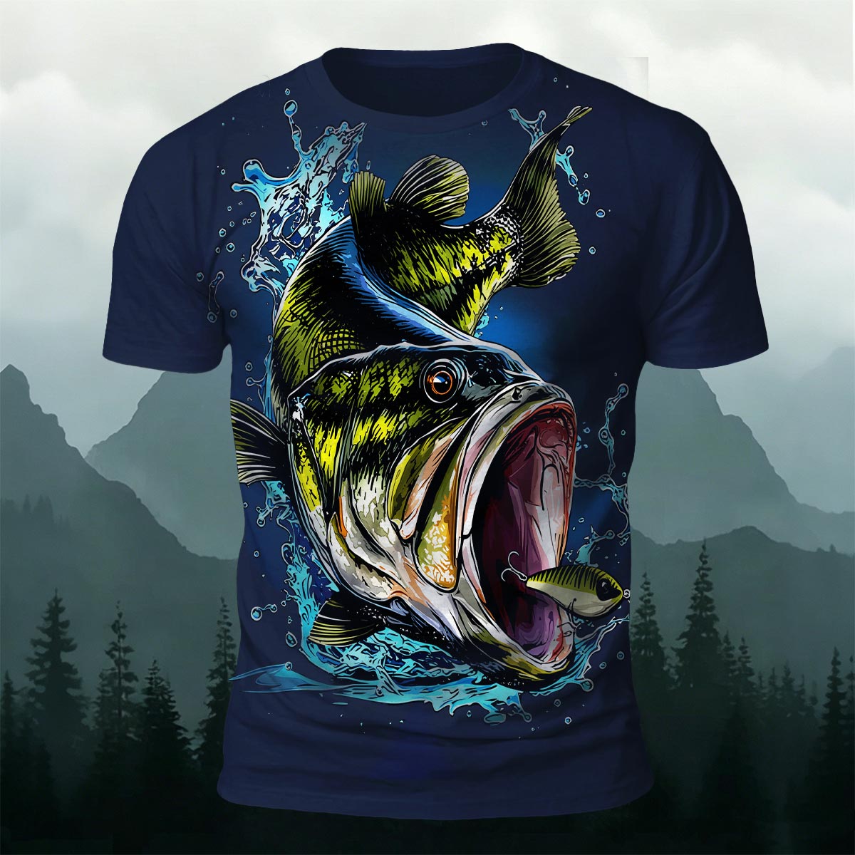 Black Fish Pattern Casual Graffiti Polyester T-Shirt Navy