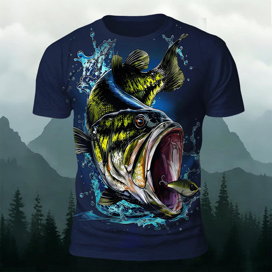 Black Fish Pattern Casual Graffiti Polyester T-Shirt Navy