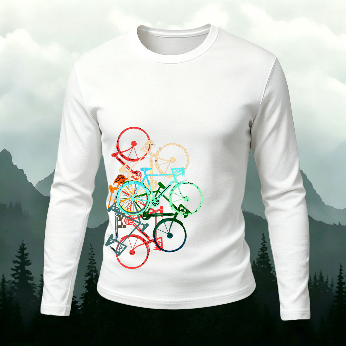 Colorful Bicycle Print Casual Cotton Long-Sleeve T-Shirt