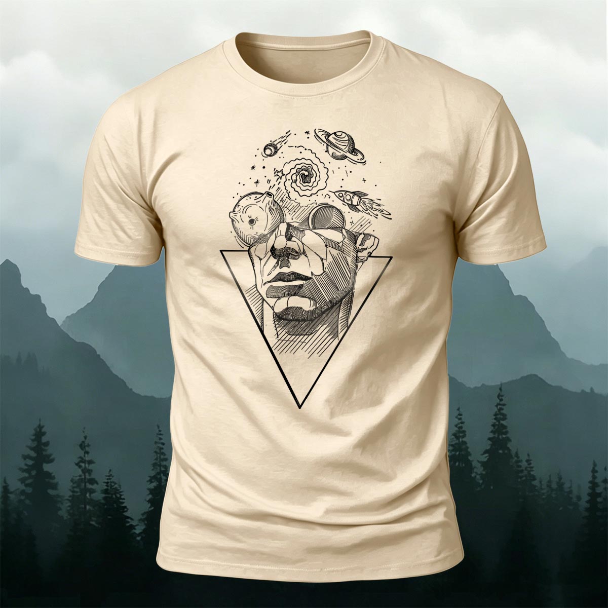 Artistic Sketch-Style Printed Casual Cotton T-Shirt