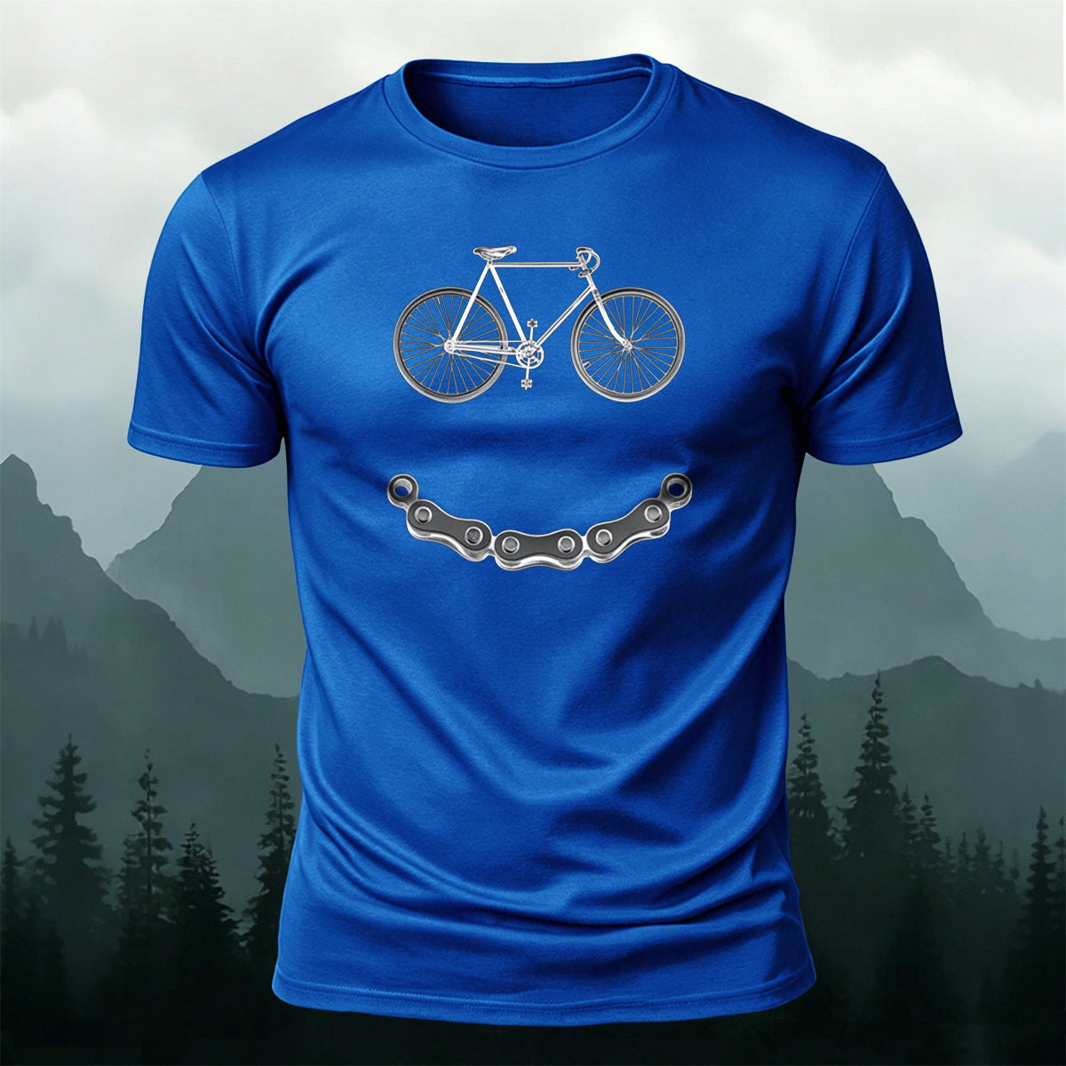 Bicycle-Motif Smile Print Outdoor Cotton T-Shirt