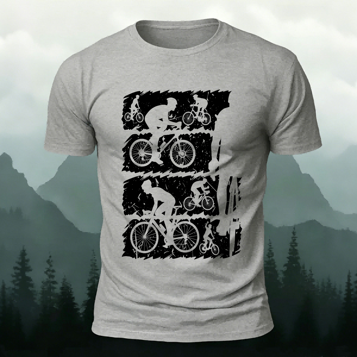 Mountain Bike Print Outdoor Style Soft Cotton T-Shirt Grey