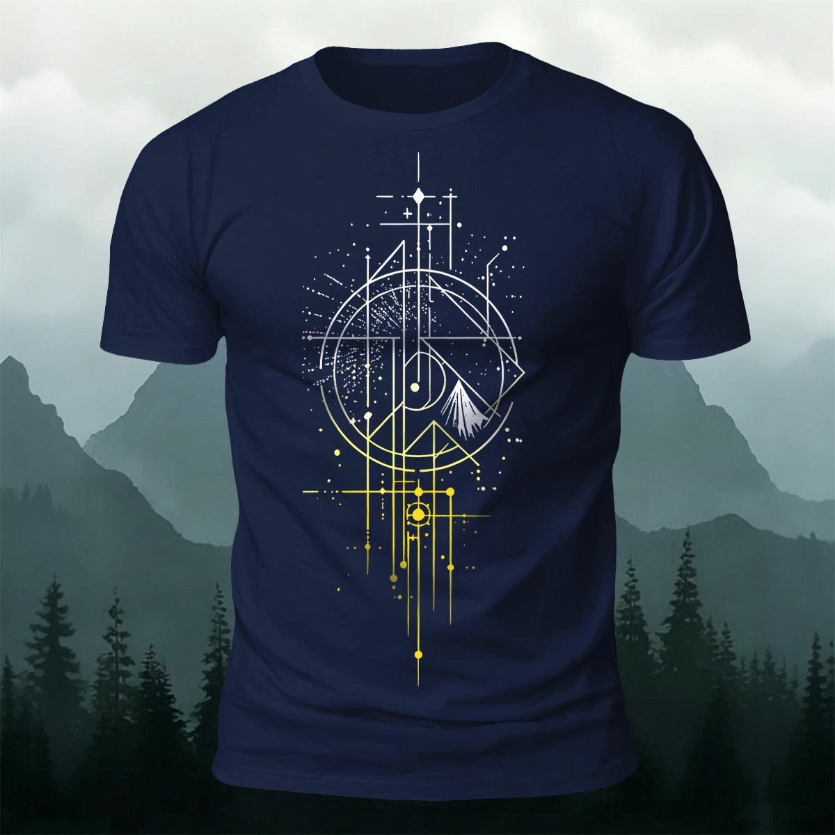 Line Gradient Mountain Print Premium Cotton T-Shirt Navy