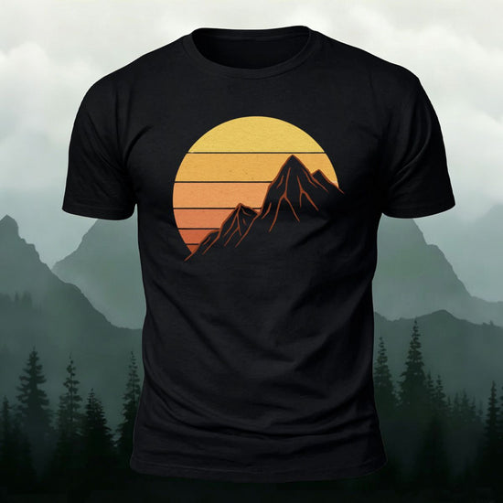 Sunlit Golden Mountain Print Casual Combed Cotton T-Shirt Black
