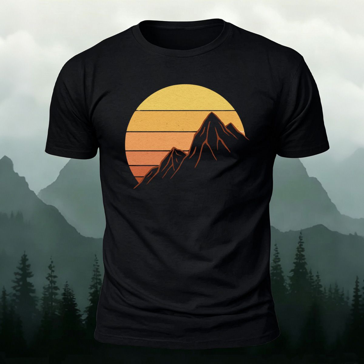 Sunlit Golden Mountain Print Casual Combed Cotton T-Shirt Black