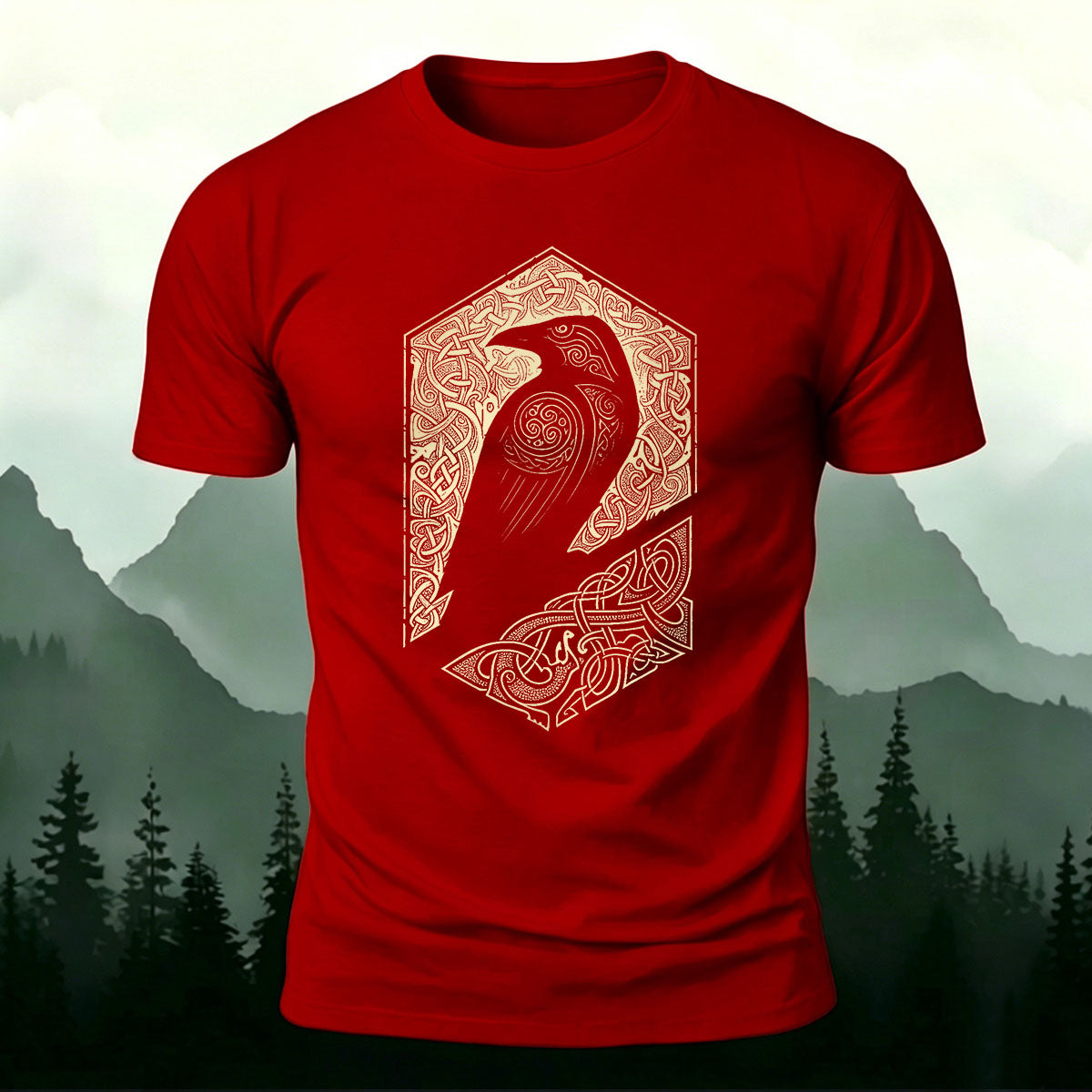 Bird Pattern Mountain-Style Comfortable Casual T-Shirt Red