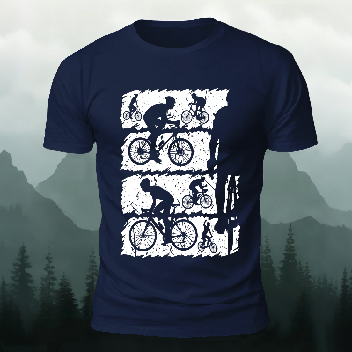Mountain Bike Print Outdoor Style Soft Cotton T-Shirt Navy