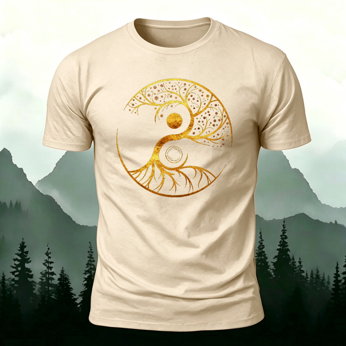 Artistic Graphics Pattern Mountain-Style Cotton T-Shirt Beige