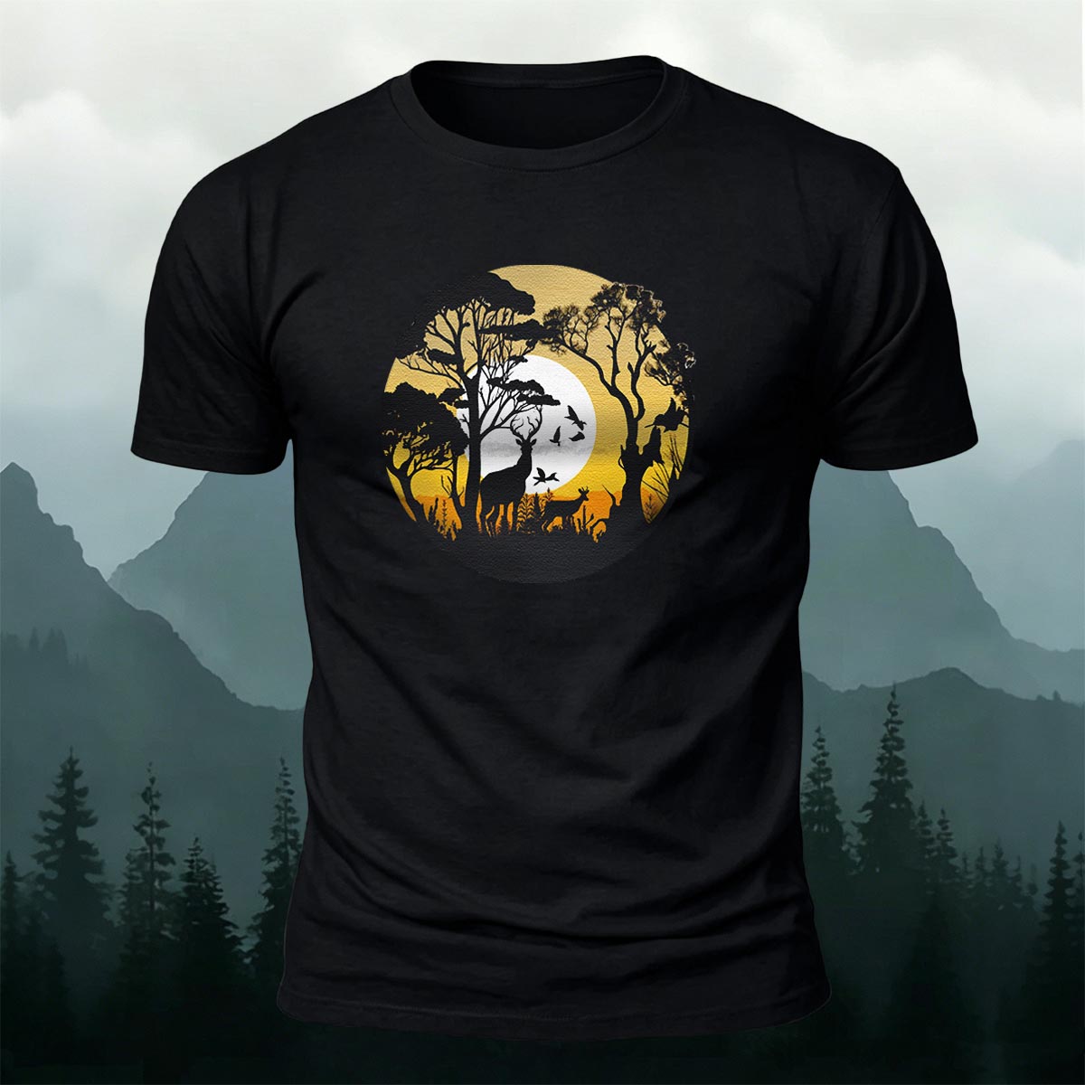 Lone Wolf in the Twilight Forest Printed Cotton Crew Neck T-Shirt