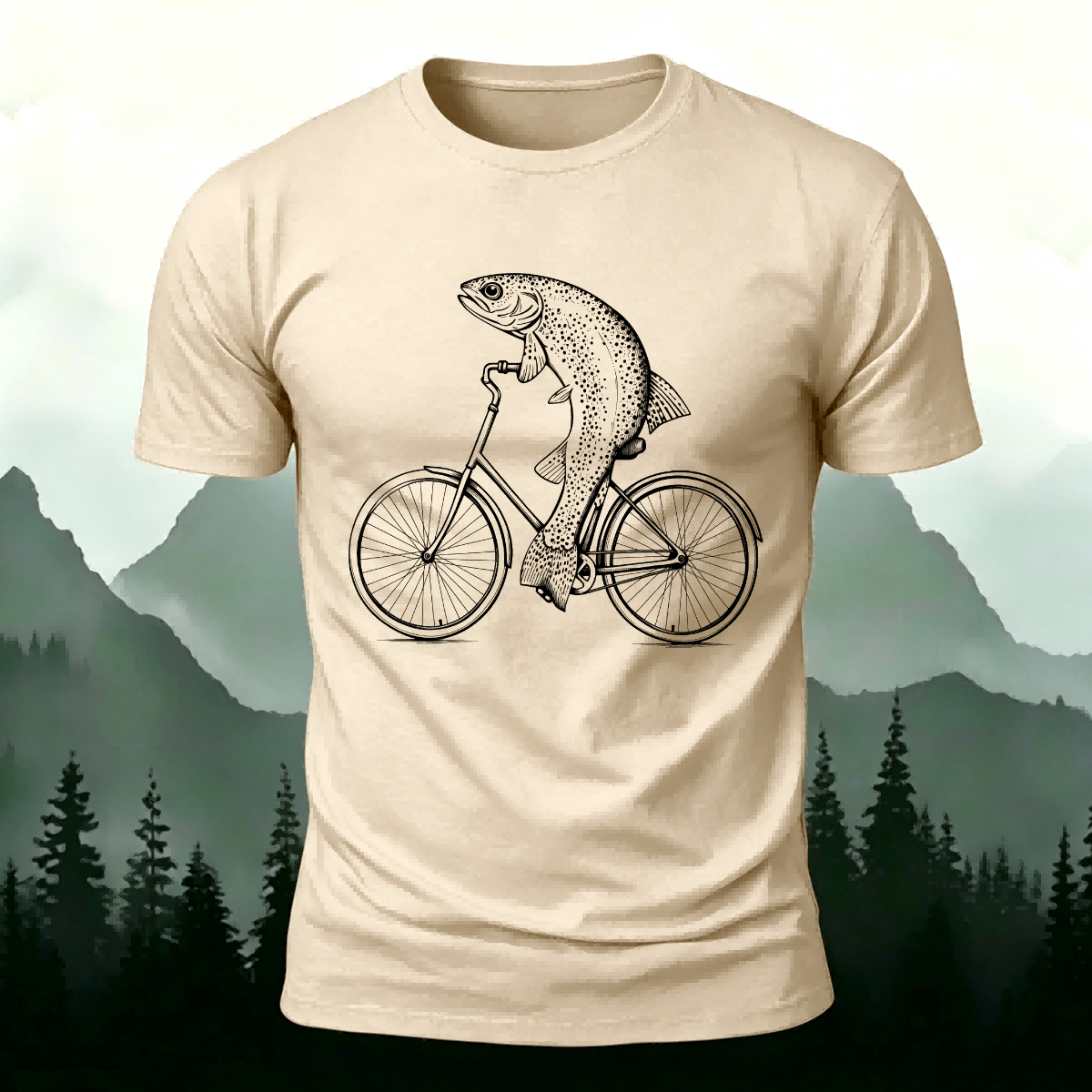 Fish Riding Bicycle Fun Pattern Cotton Casual T-Shirt Beige