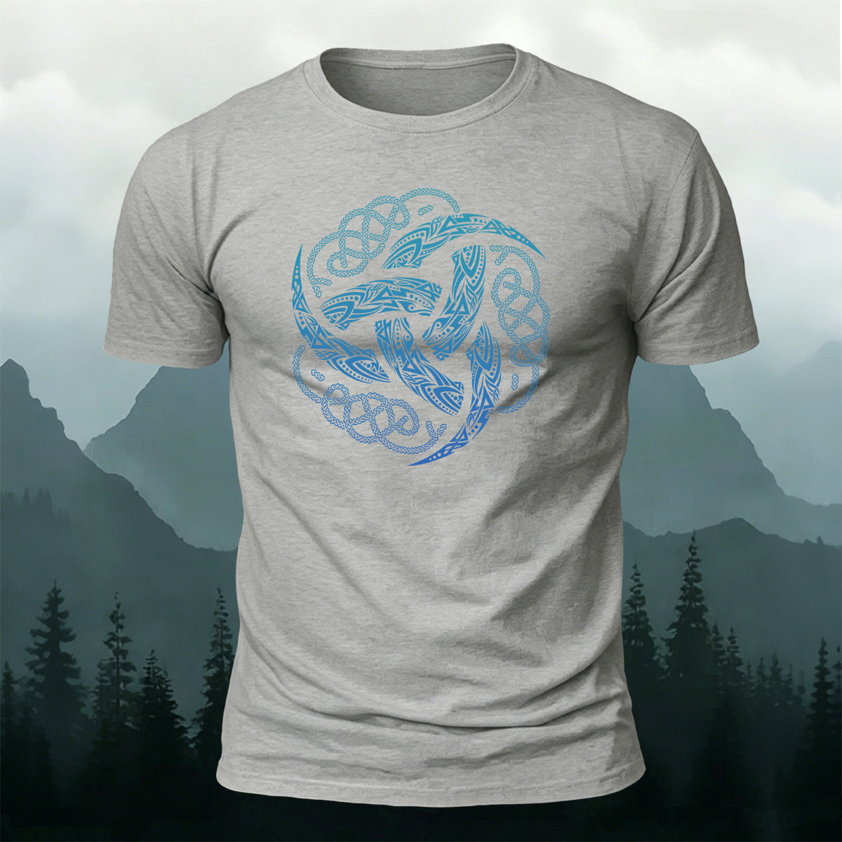 Viking Mythology Totem Print Casual Cotton T-Shirt Grey