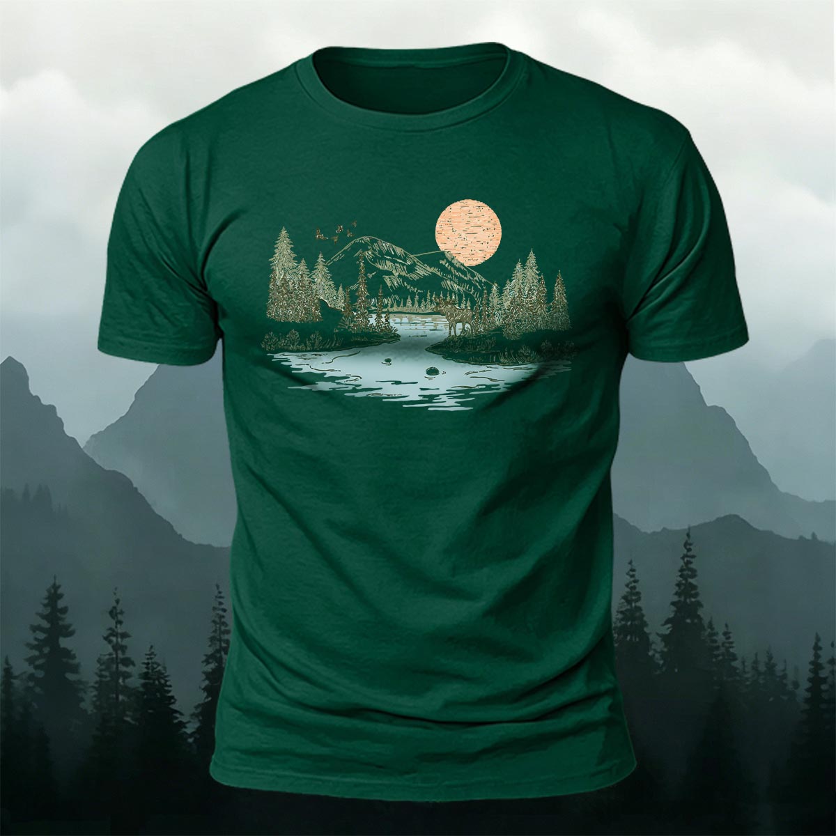 Sunrise Mountain Scenery Illustration Print Casual Cotton T-Shirt