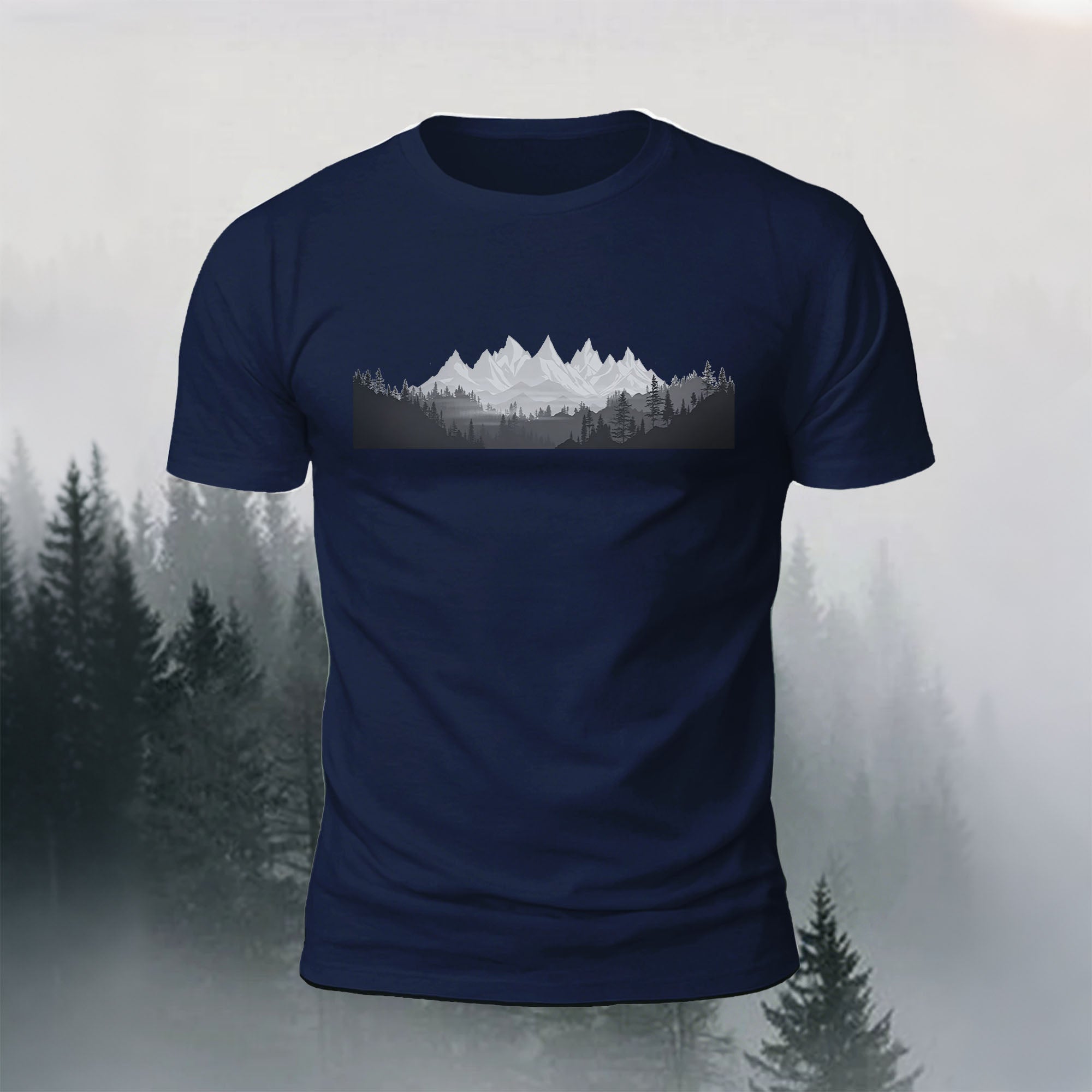 Mountain Forest Print Casual Comfortable T-Shirt Navy