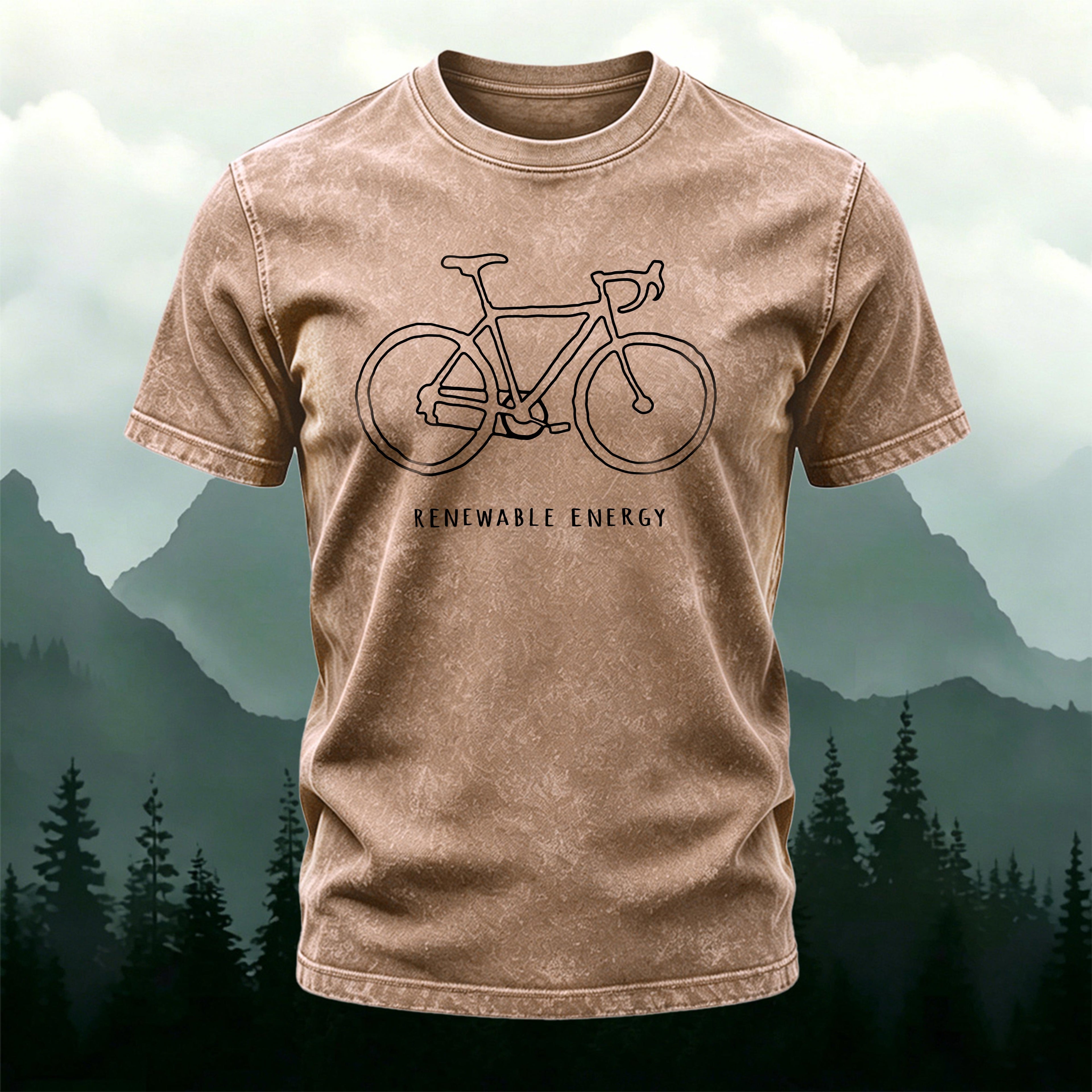 Simple Bicycle Print T-Shirt Casual Washed Cotton