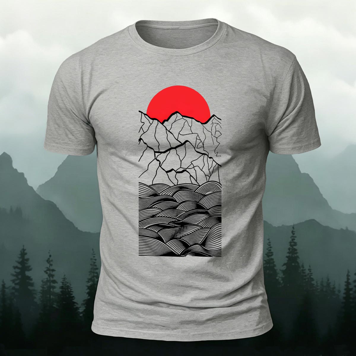 Forest Sunset Mountain Print Casual Cotton T-Shirt