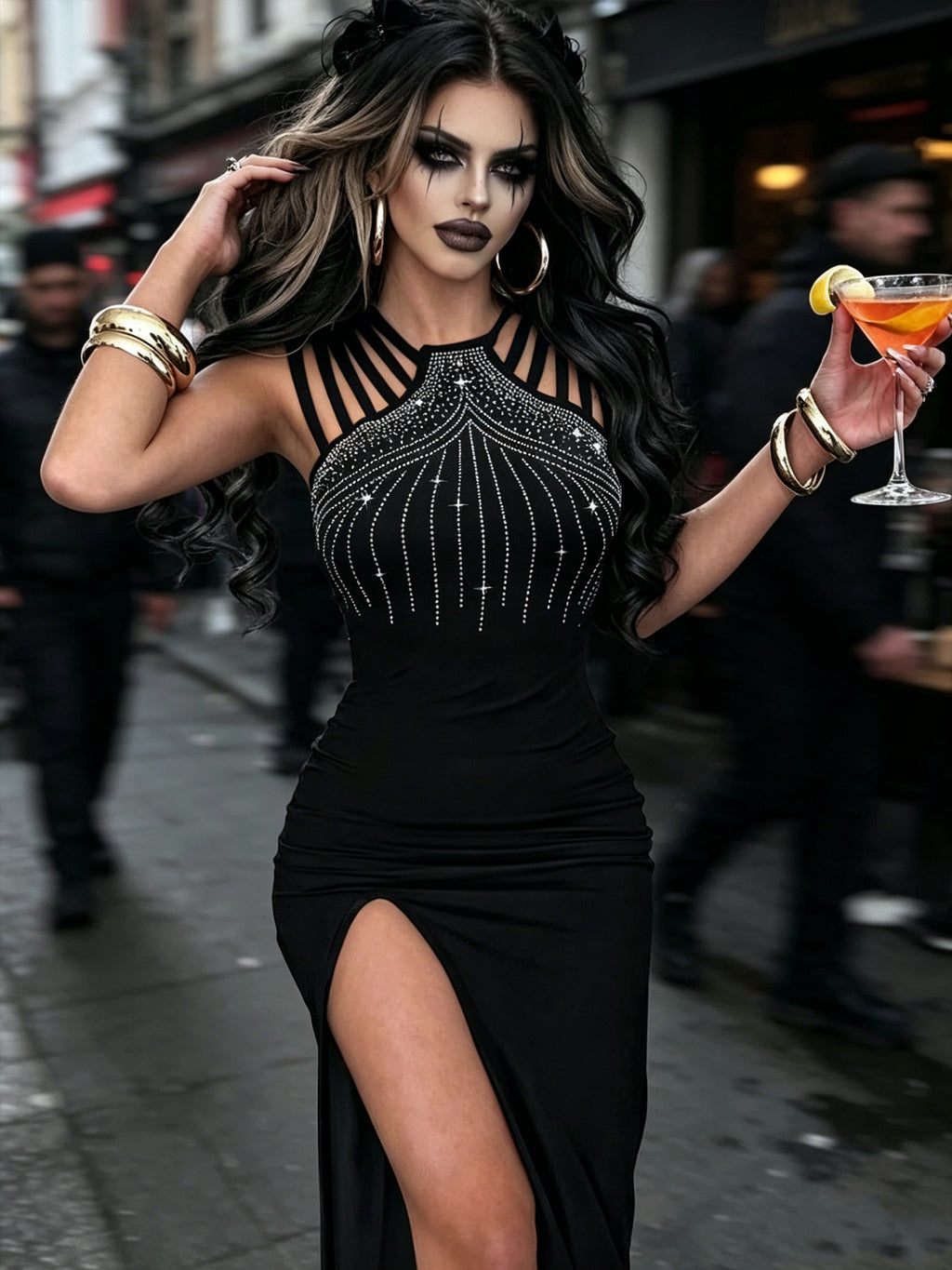 Elegant Rhinestone-Embellished Slit Bodycon Dress
