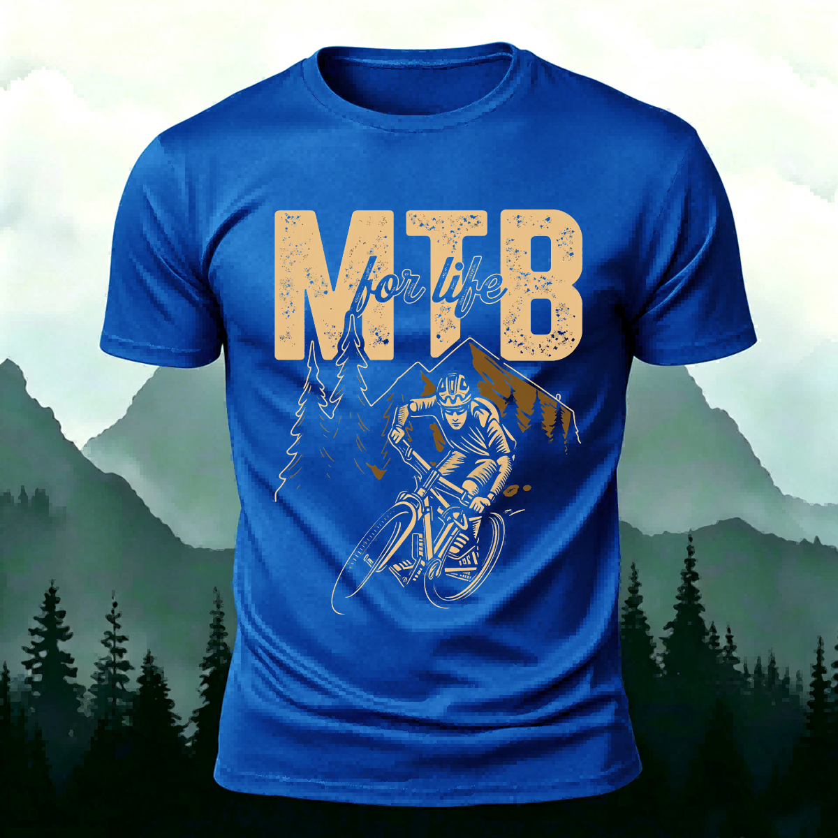 Cycling Life Print Soft-touch Feel Casual T-Shirt Blue