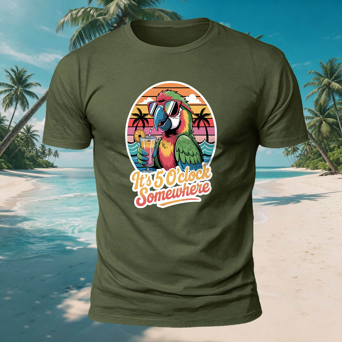 Fun Parrot Drinking Juice Casual Skin-Friendly T-Shirt