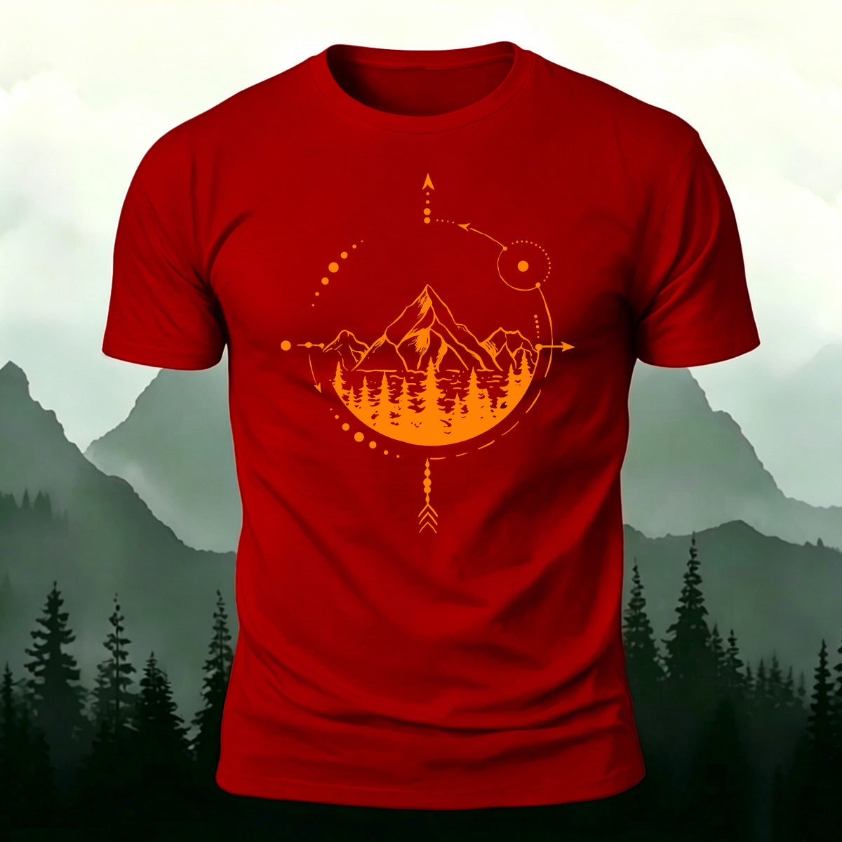 Mountain and Forest Print Combed Cotton Casual T-Shirt