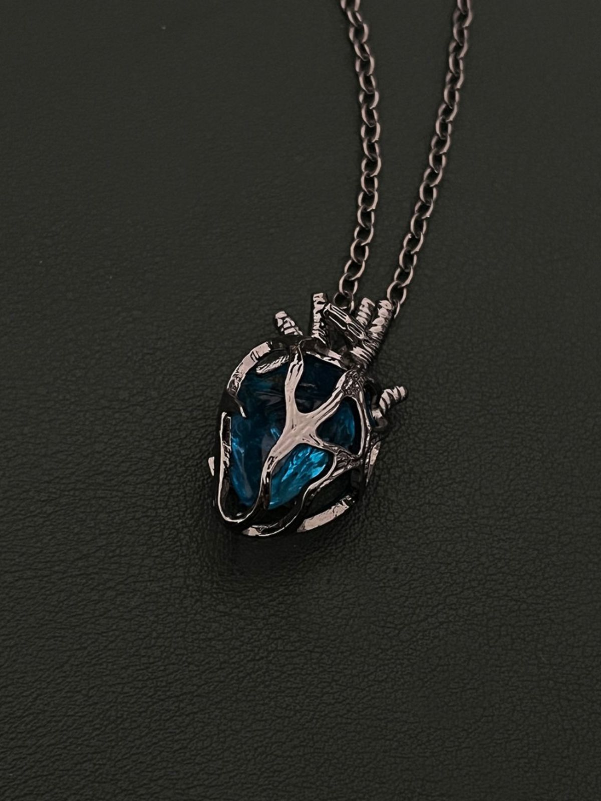 Gothic Dark Style Openwork Heart Red and Blue Glass Heart Pendant