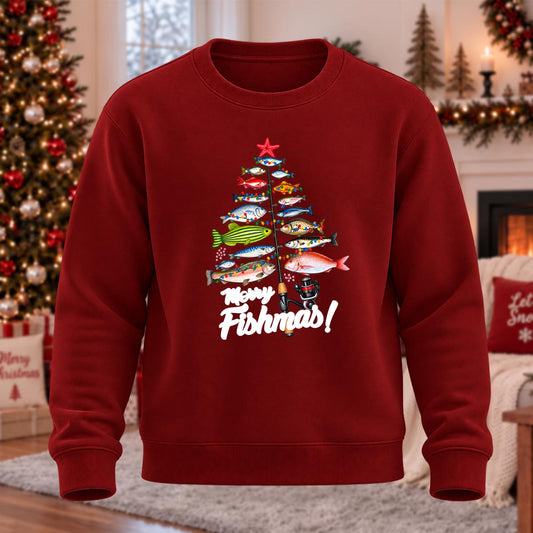Colorful Fishmas Tree Printed Round Neck Sweatshirt