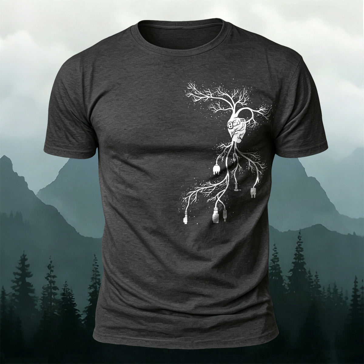 Cotton Creative Heart Power Plug Tree Print Tee