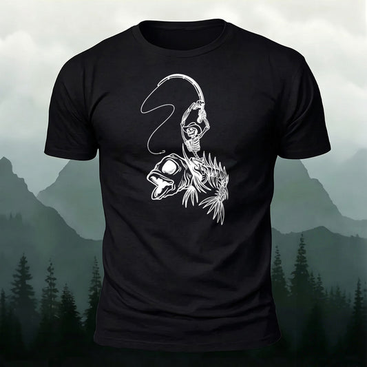 Premium Cotton Fishing Skull Print Casual T‑Shirt