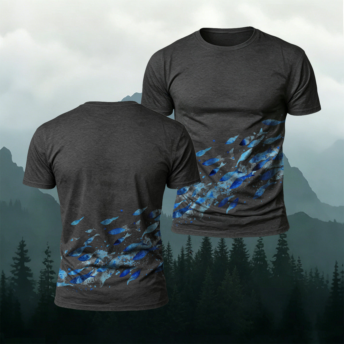 Blue Sardine Print Casual Cotton T-Shirt