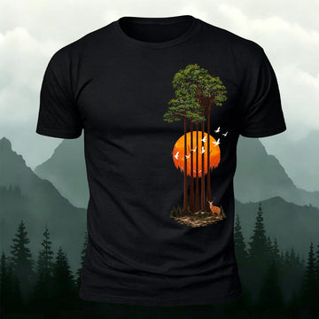 Forest Guitar Sunset Illusion Printed Short Sleeve T-Shirt