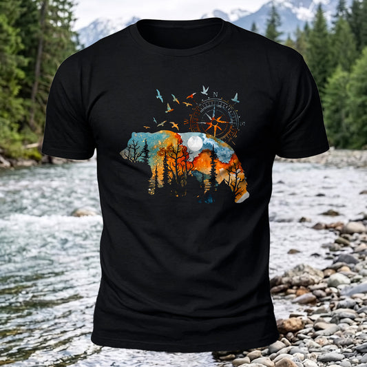Compass And Bear Printed Short Sleeve T-Shirt