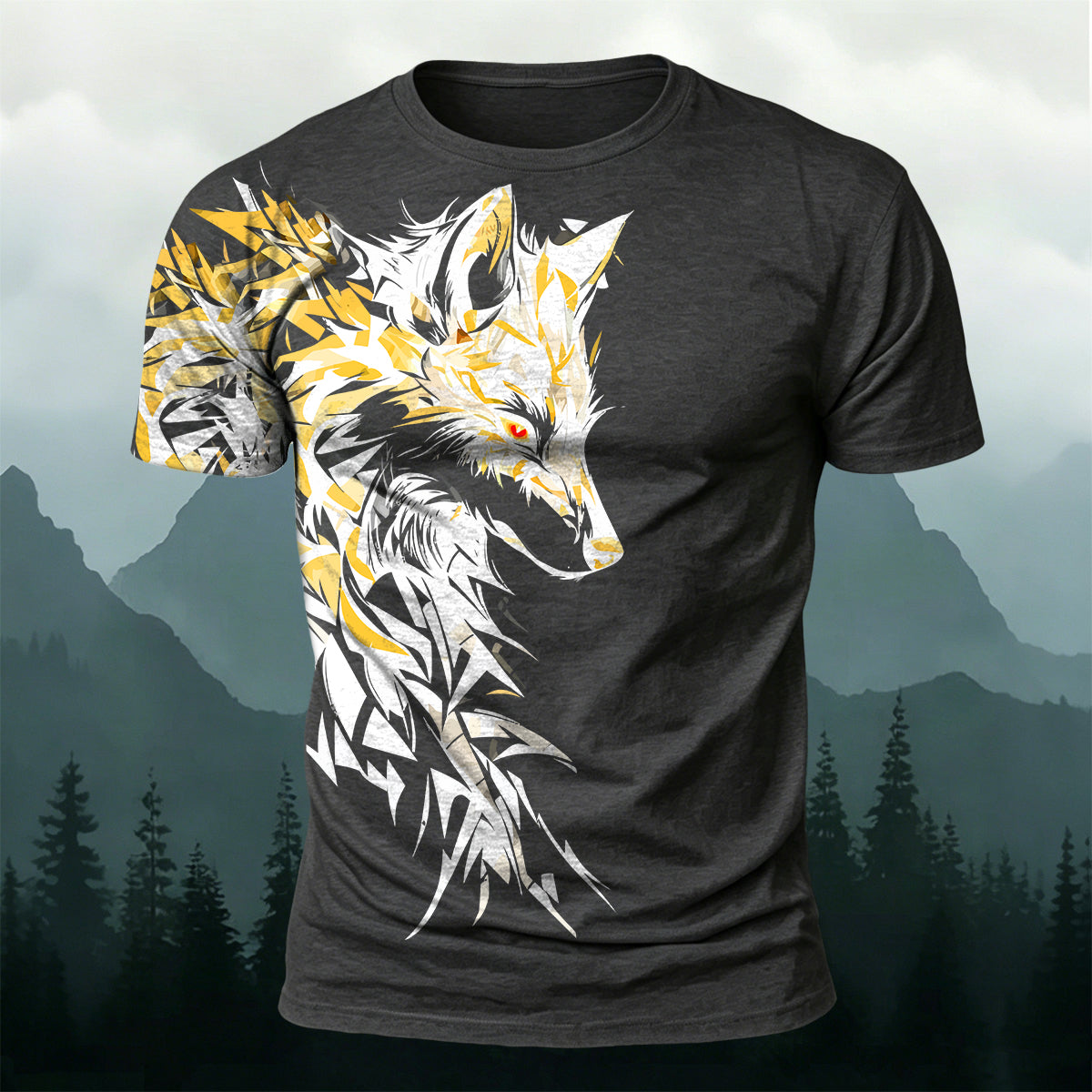 Vintage Giant Wolf Mythology Print Casual Cotton T-Shirt