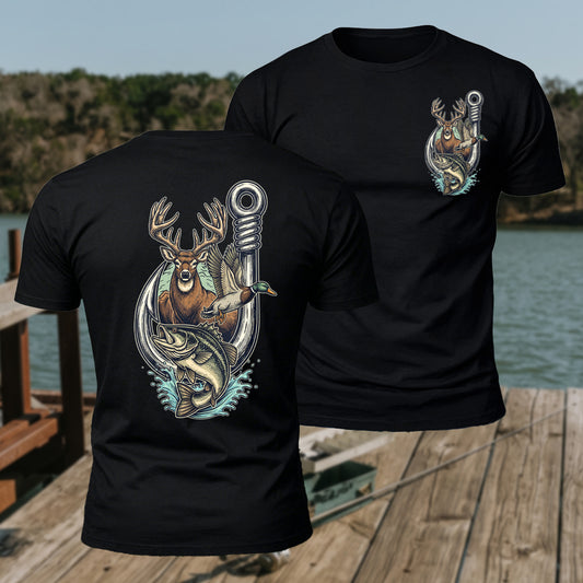 Reindeer Fish Hook Front&Back Printed Short Sleeve T-Shirt