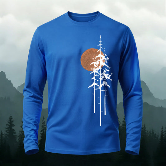 Retro Sunset Pine Tree Print Long-Sleeve T-Shirt